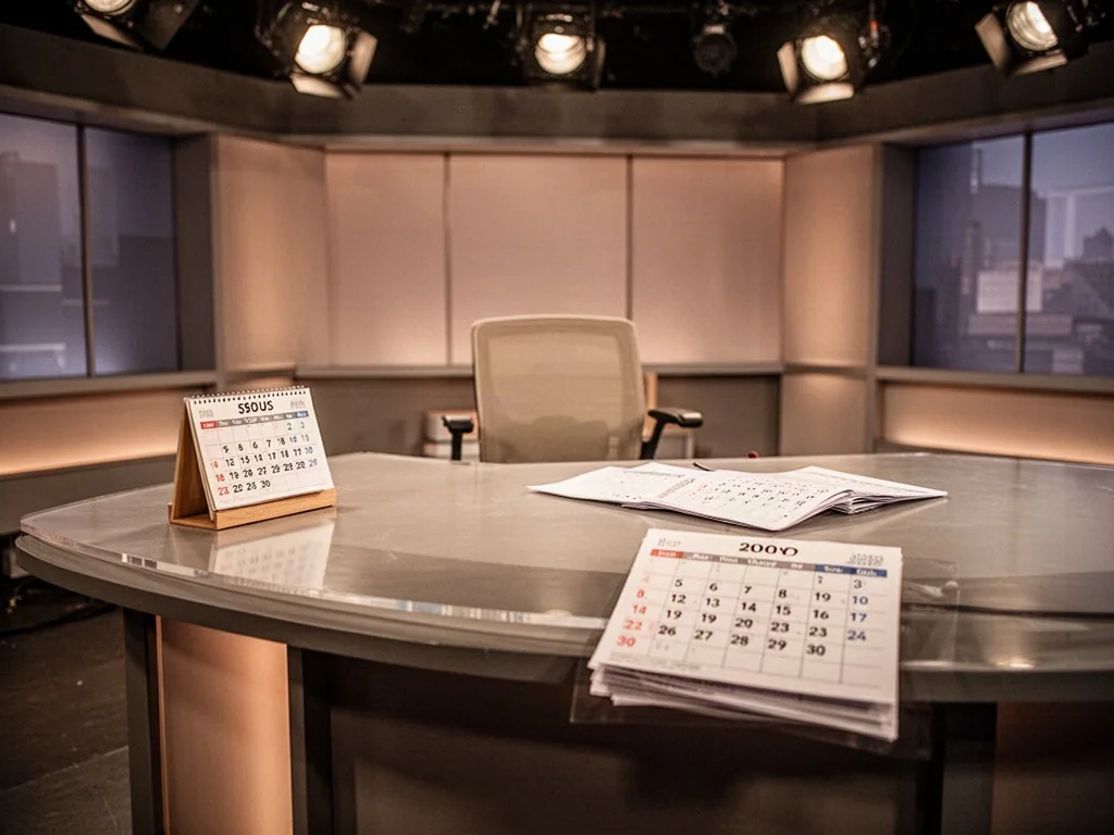 A vacant television studio news desk with a small calendar and an empty chair, pages turning to a future month, soft war