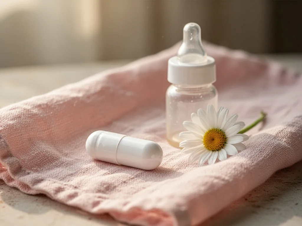 A white capsule resting on a pale pink muslin cloth beside a small baby bottle and a single white daisy, soft morning li