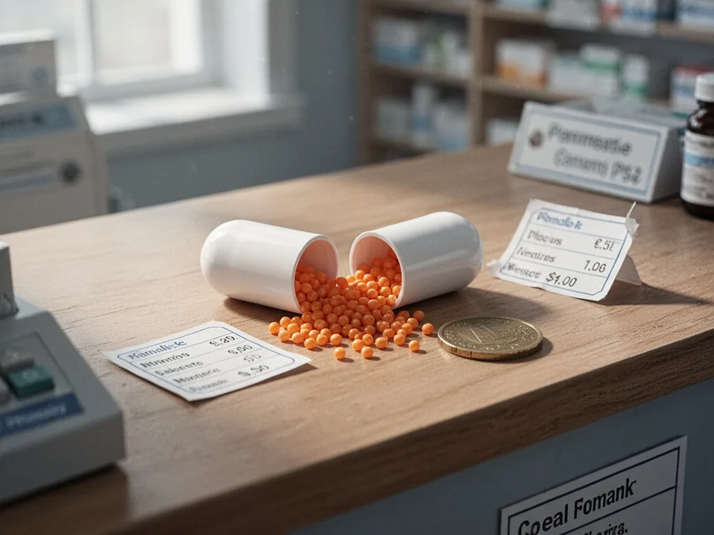 A white capsule split open with tiny orange beads spilling onto a wooden pharmacy counter, a small price tag and a coin 
