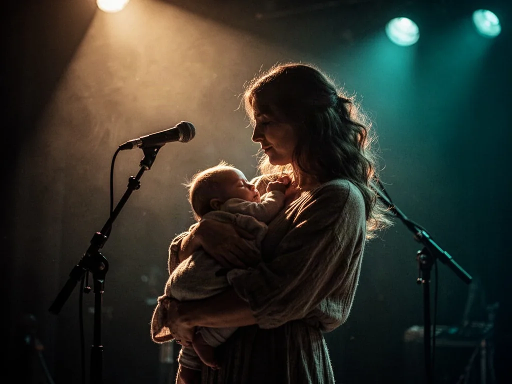 A woman singer silhouetted by stage lights, holding a sleeping baby close, one microphone stand beside her, dark backgro