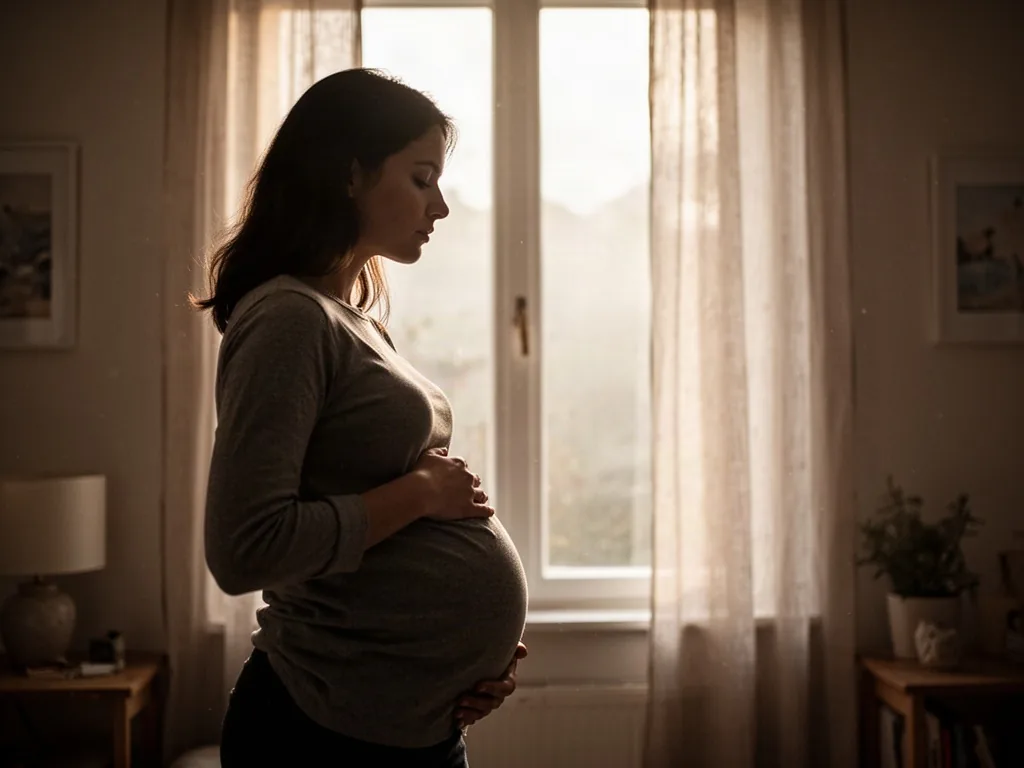 A young woman’s silhouette in profile, hand resting on a rounded belly, facing a tall bright window in a peaceful apartm