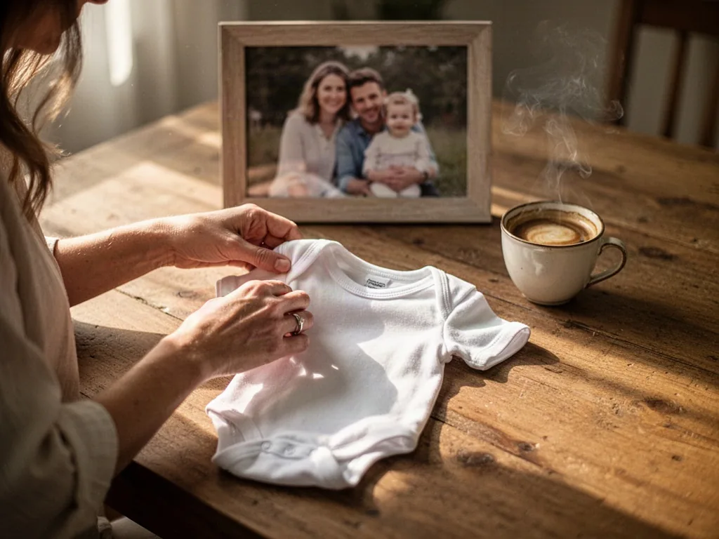 A woman’s hands folding a tiny white cotton onesie on a wooden table, a blurred family photograph behind, a small cup of