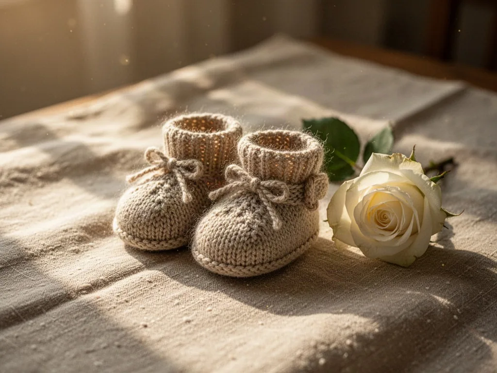 A pair of tiny knitted baby bootees resting on a sunlit linen cloth, a single white rose beside them, soft golden light