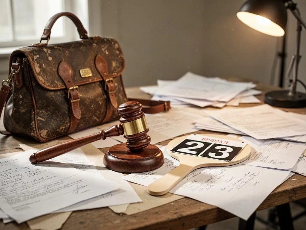 An auctioneer's wooden gavel resting on a cluttered studio desk beside a vintage handbag, a numbered bidding paddle, and