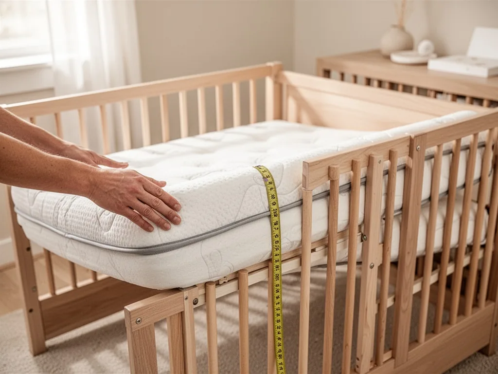 A hand sliding a standard-size mattress into a crib frame, precise fit, measuring tape on the mattress edge, bright neut