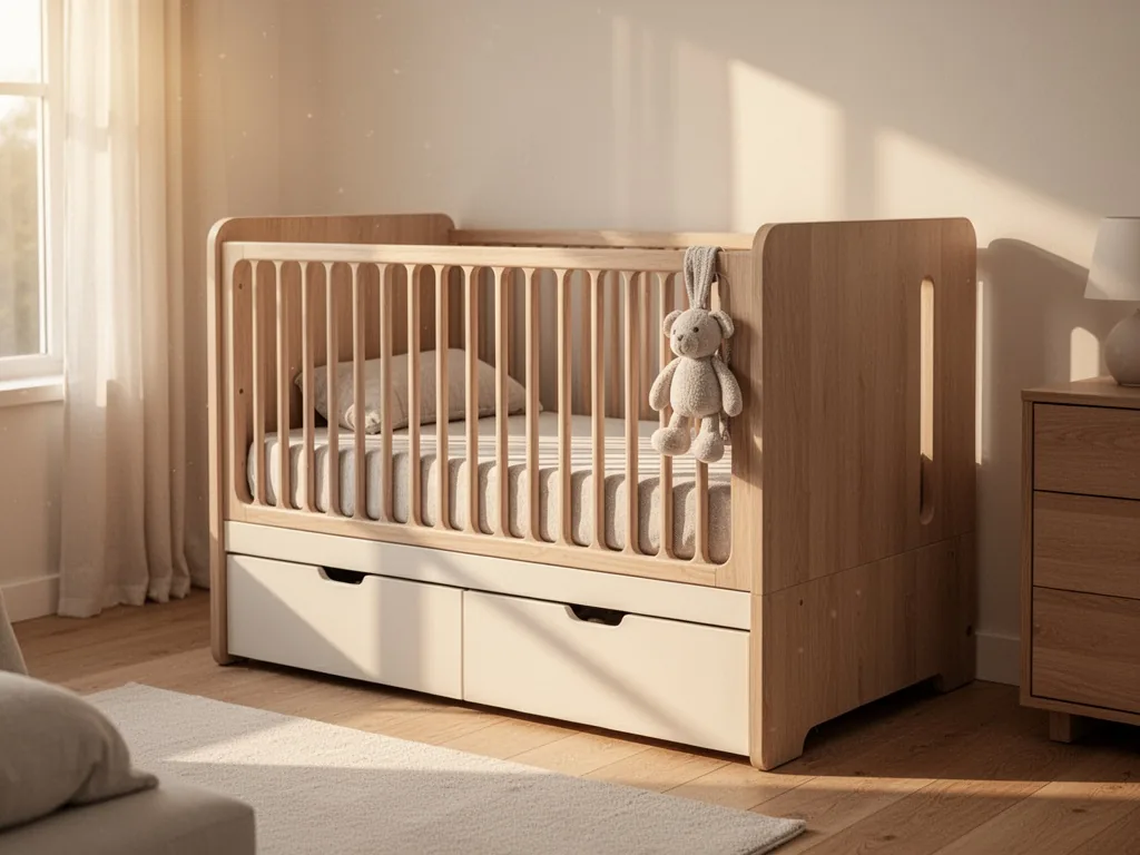 A modern crib with integrated storage drawers, safe rounded bars, soft fabric toy on the side, warm afternoon light, min