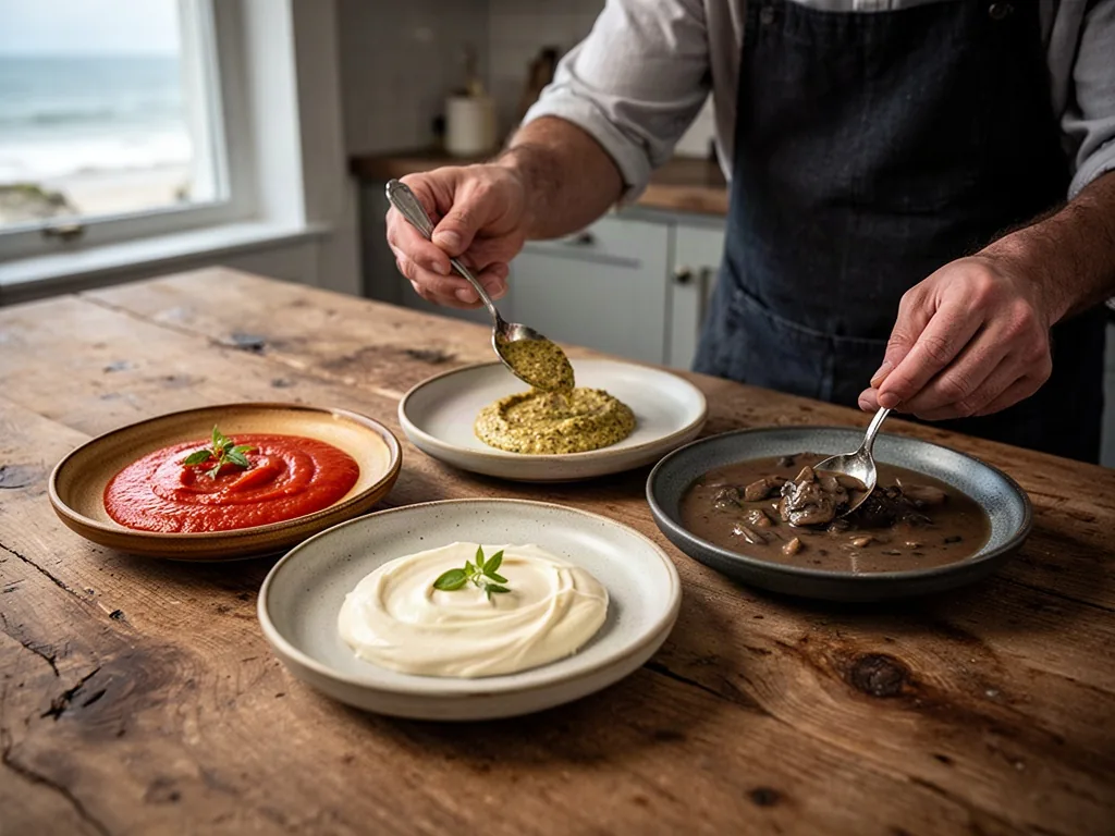 A home cook spoons four roussette sauces across separate ceramic plates: bright tomato, silky cream, grainy mustard, and