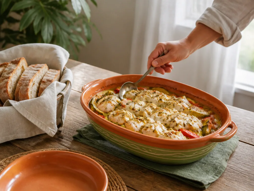 Photorealistic editorial photograph of a rustic table setting with a baked cod casserole in a painted dish, olive oil dr