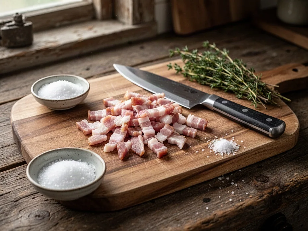 Raw bacon lardons on a wooden cutting board, a chef's knife, a small dish of salt, and fresh thyme sprigs beside them, c